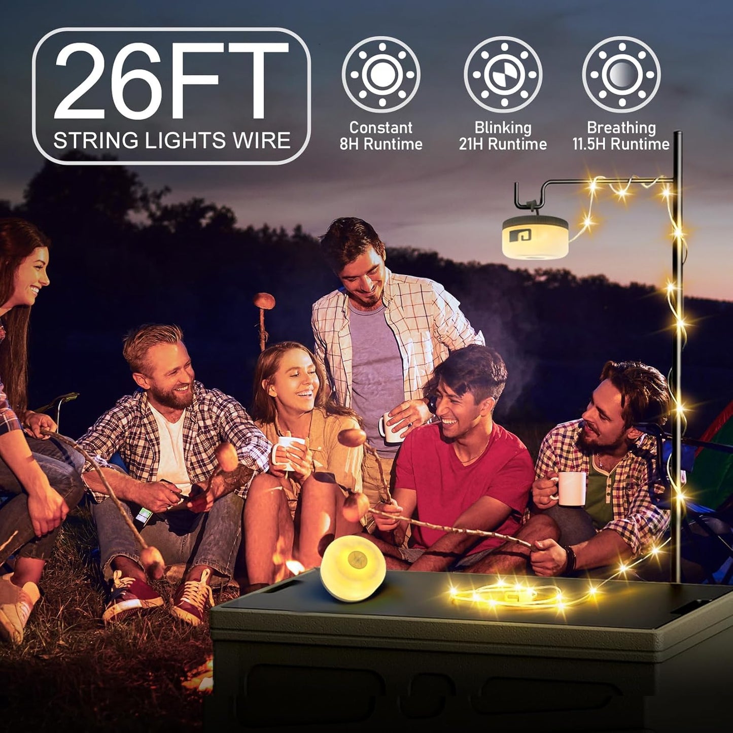 Geisofu Outdoor Camping String Lights - Rechargable with 5 Lighting Modes