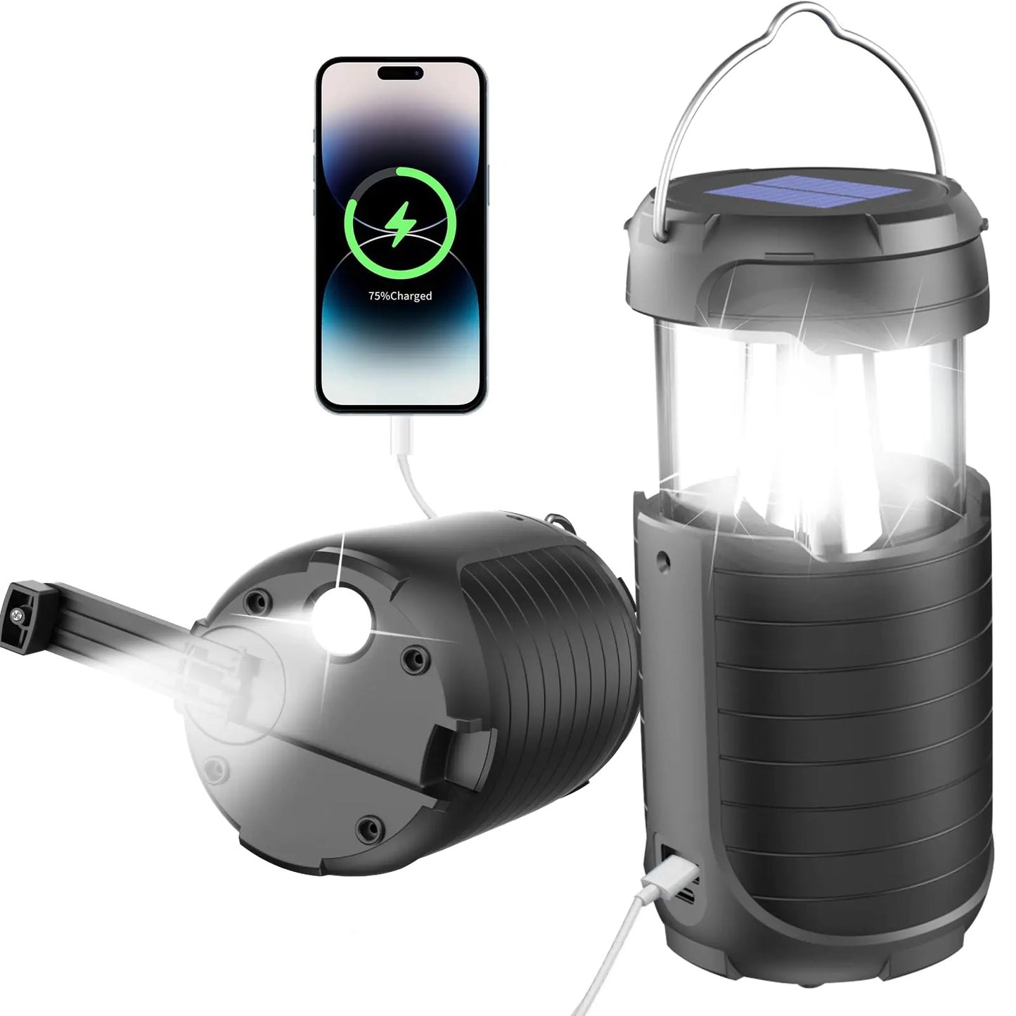 Solar Powered LED Camping Lantern with Emergency Crank light - Rechargeable LED Lights & Waterproof with mobile recharging ports