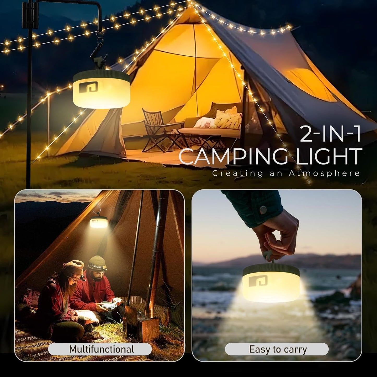 Geisofu Outdoor Camping String Lights - Rechargable with 5 Lighting Modes