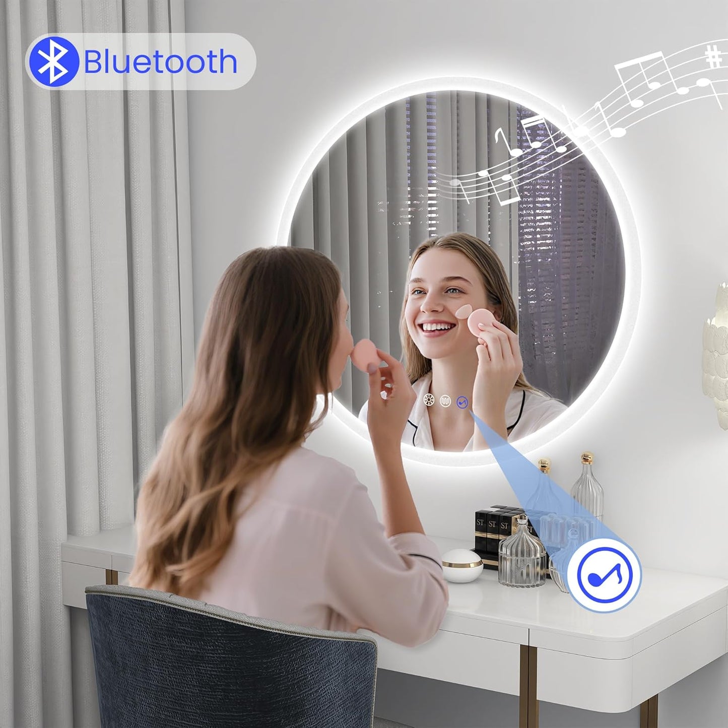 STARLEAD 32" LED Bathroom Mirror with Lights, Bluetooth Speaker, Anti-Fog, 3 Color Temperature Dimmable Brightness, Waterproof Tempered Glass Frontlit & Backlit Round Shape