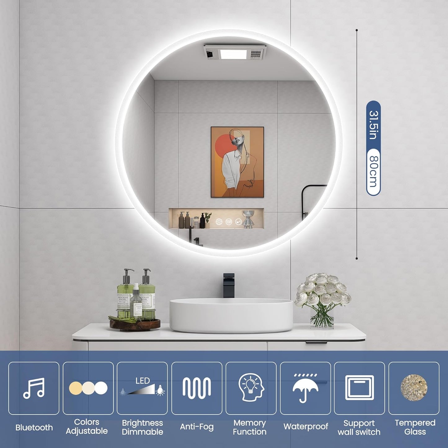STARLEAD 32" LED Bathroom Mirror with Lights, Bluetooth Speaker, Anti-Fog, 3 Color Temperature Dimmable Brightness, Waterproof Tempered Glass Frontlit & Backlit Round Shape
