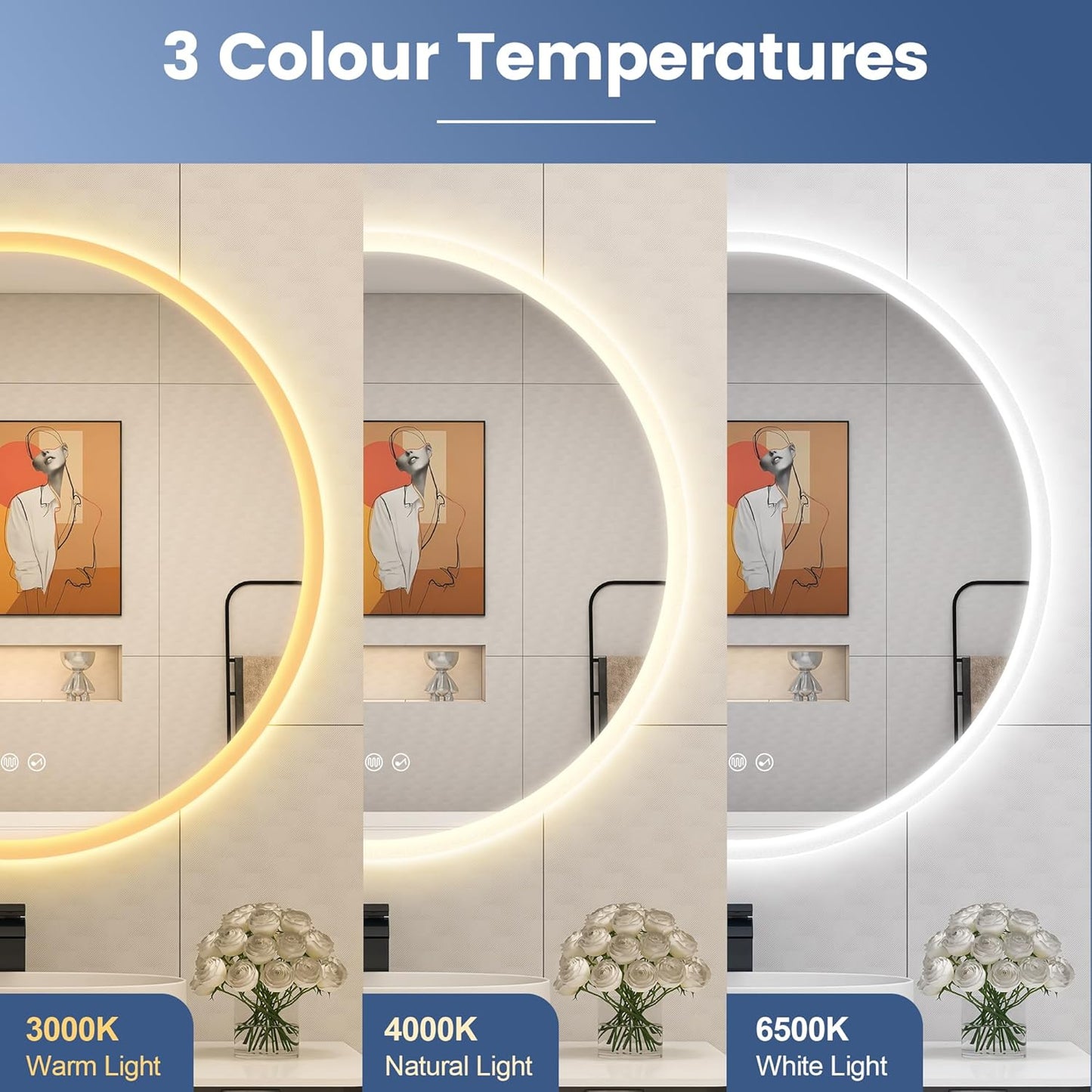 STARLEAD 32" LED Bathroom Mirror with Lights, Bluetooth Speaker, Anti-Fog, 3 Color Temperature Dimmable Brightness, Waterproof Tempered Glass Frontlit & Backlit Round Shape