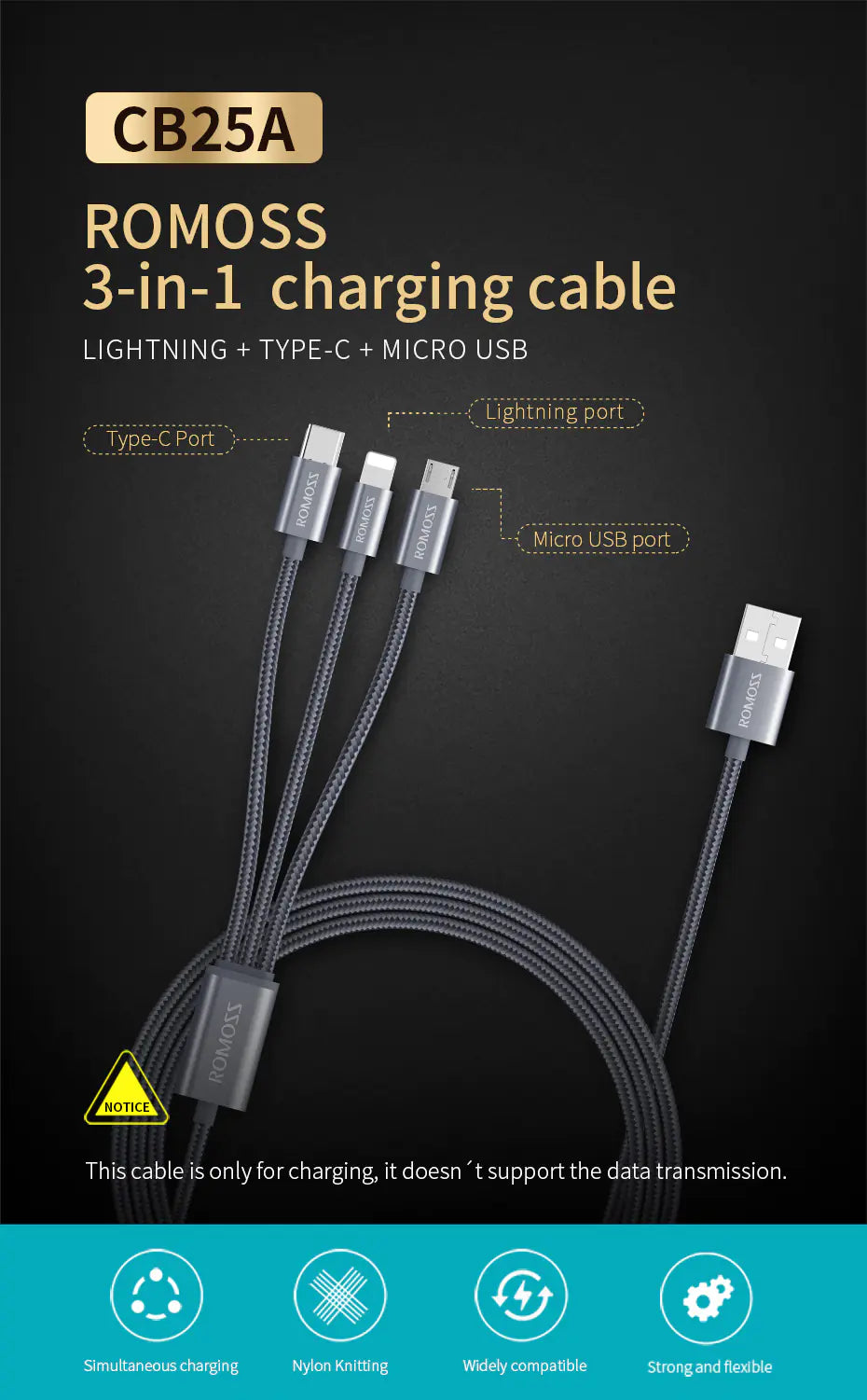 ROMOSS 1.5m 3-in-1 Type-C/Lightning Charging Cable
