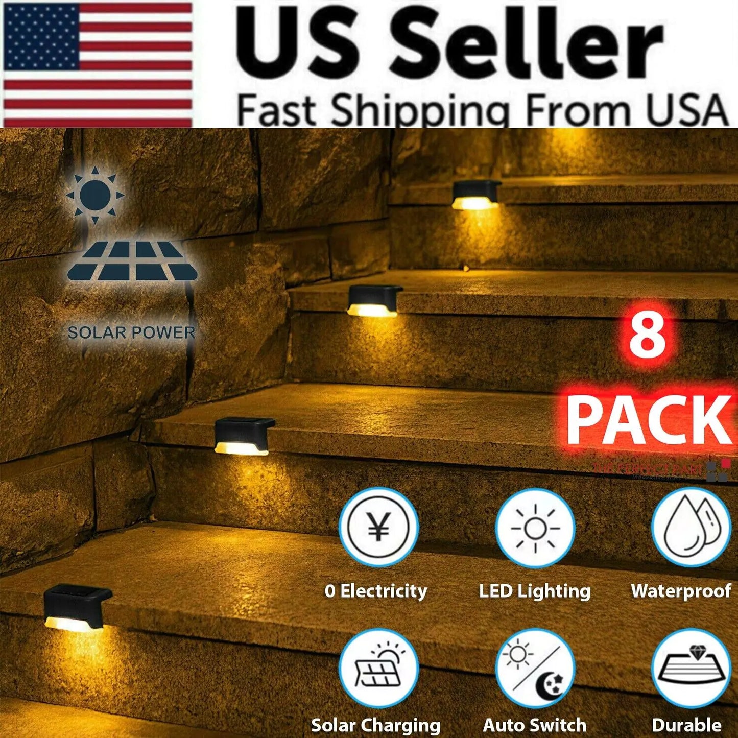 Modern Solar Powered Stair, Deck & Fence Lights - Outdoor Waterproof LED - 8 Pack