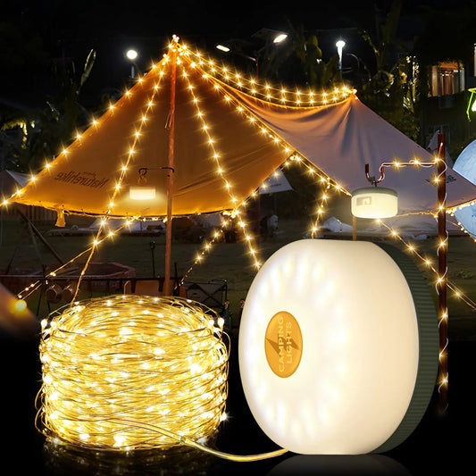 Geisofu Outdoor Camping String Lights - Rechargable with 5 Lighting Modes