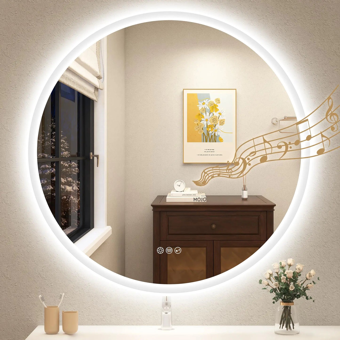 STARLEAD 32" LED Bathroom Mirror with Lights, Bluetooth Speaker, Anti-Fog, 3 Color Temperature Dimmable Brightness, Waterproof Tempered Glass Frontlit & Backlit Round Shape