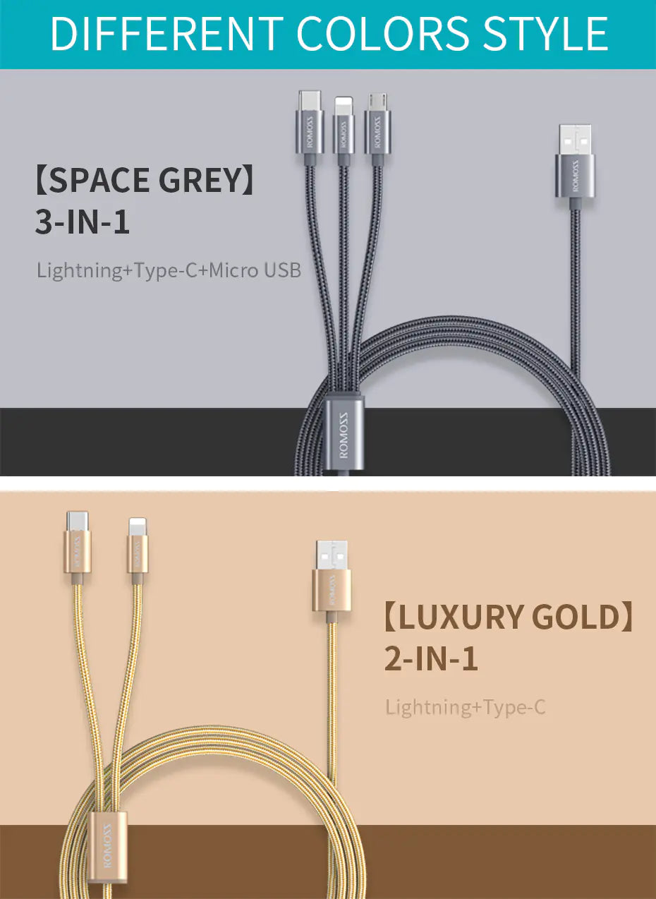 ROMOSS 1.5m 3-in-1 Type-C/Lightning Charging Cable